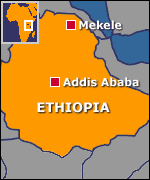Map of Ethiopia showing Mekele and Addis Ababa